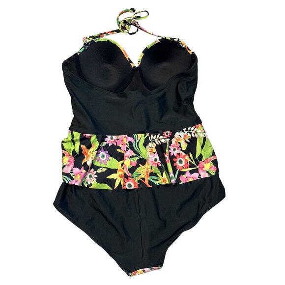 Bongo One Piece Swimsuit Tropical Neon Retro Underwire Boning Ruffle Waist Large - Picture 2 of 6